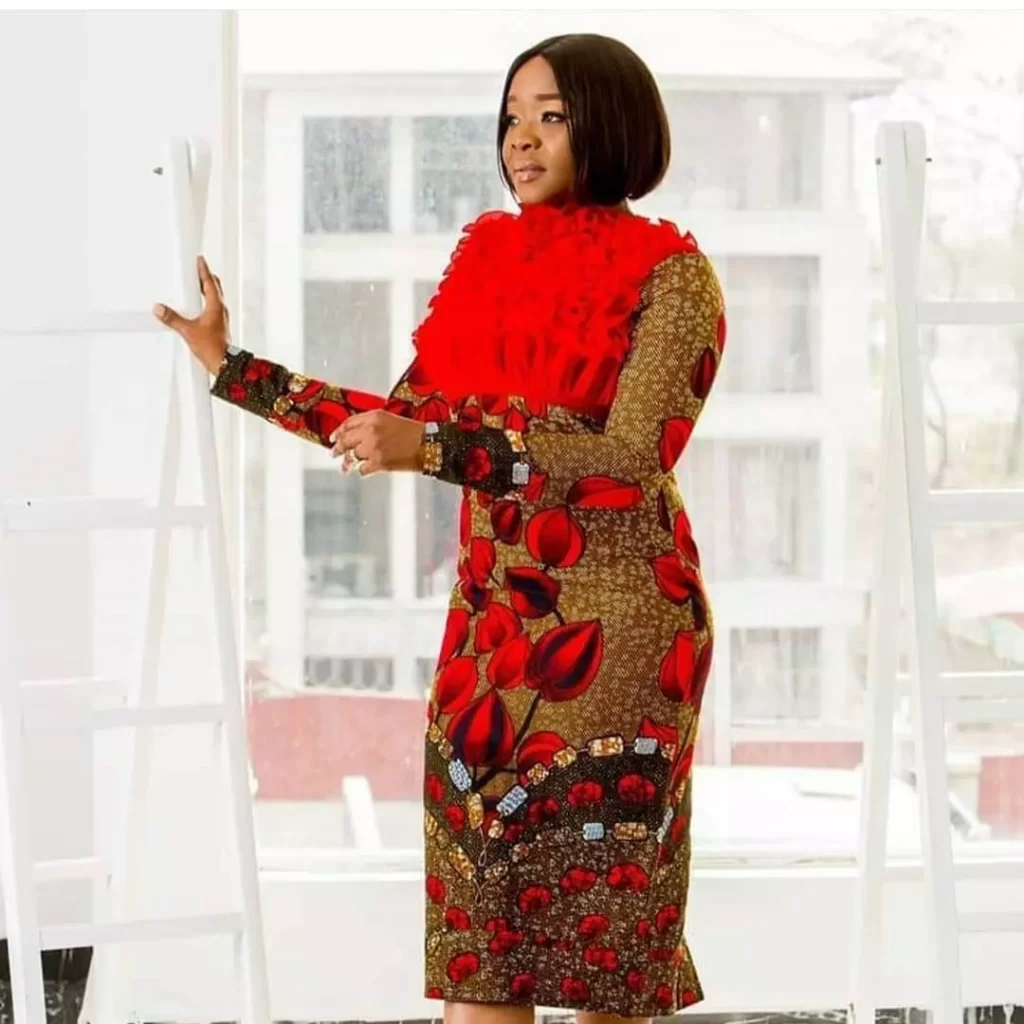 High-neck Ankara Dress Styled With Ruffles On The Front Side