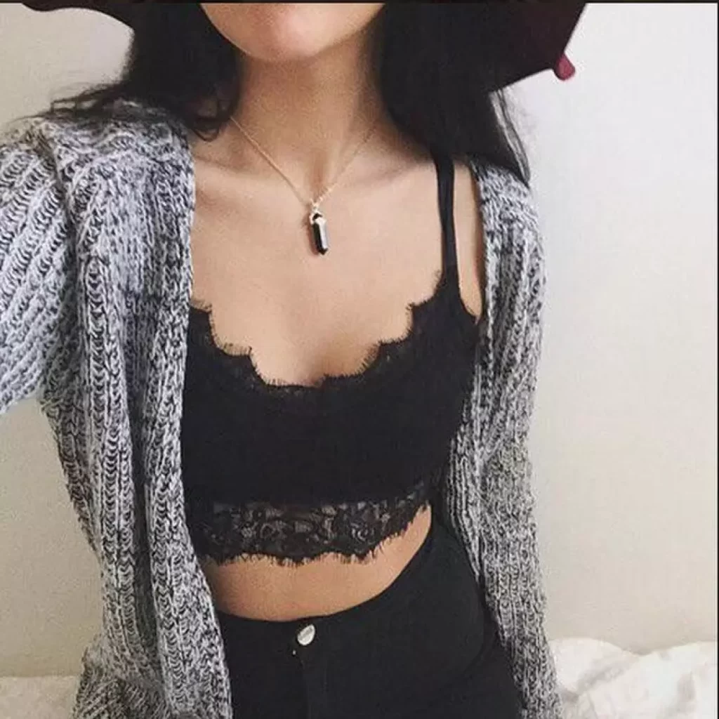 Wool Fringed Overshirt and Lace Bralette 