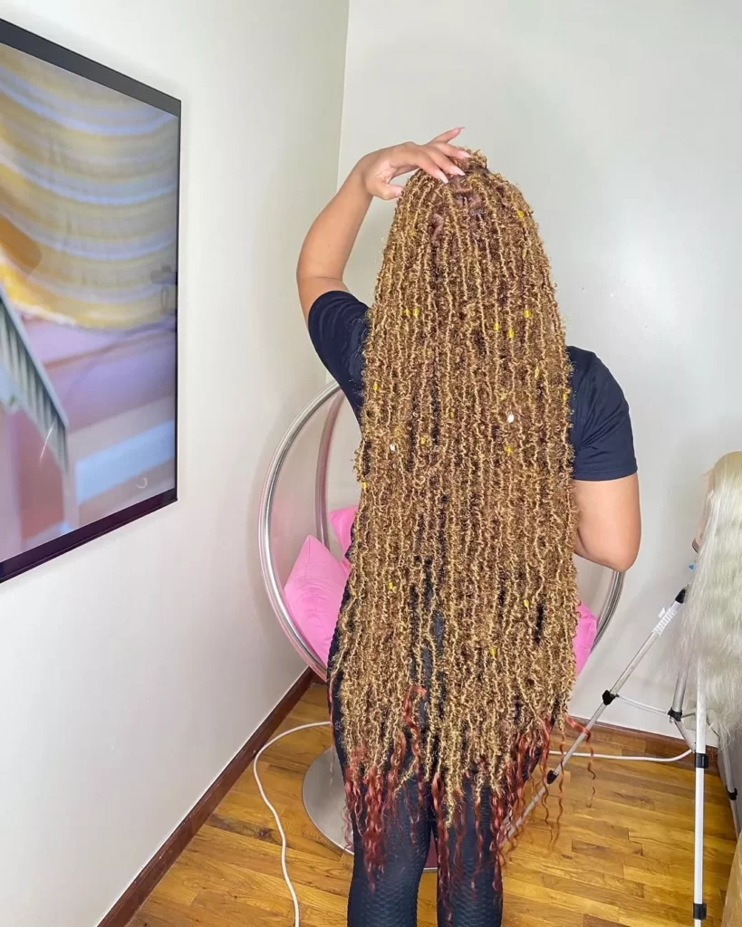 Backview of the ombre gypsy dreadlocks above 