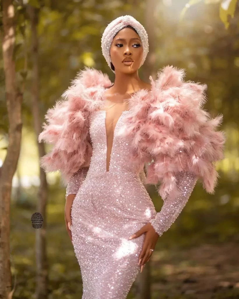 Pink Mermaid Long Sequence Gown with Feathered Sleeves