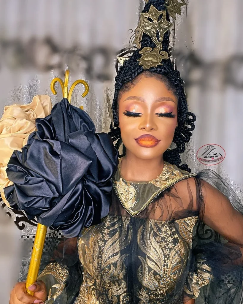 Calabar Bride In Black Onyonyo Mermaid Styled Traditional Dress, Staff And Hair Comb