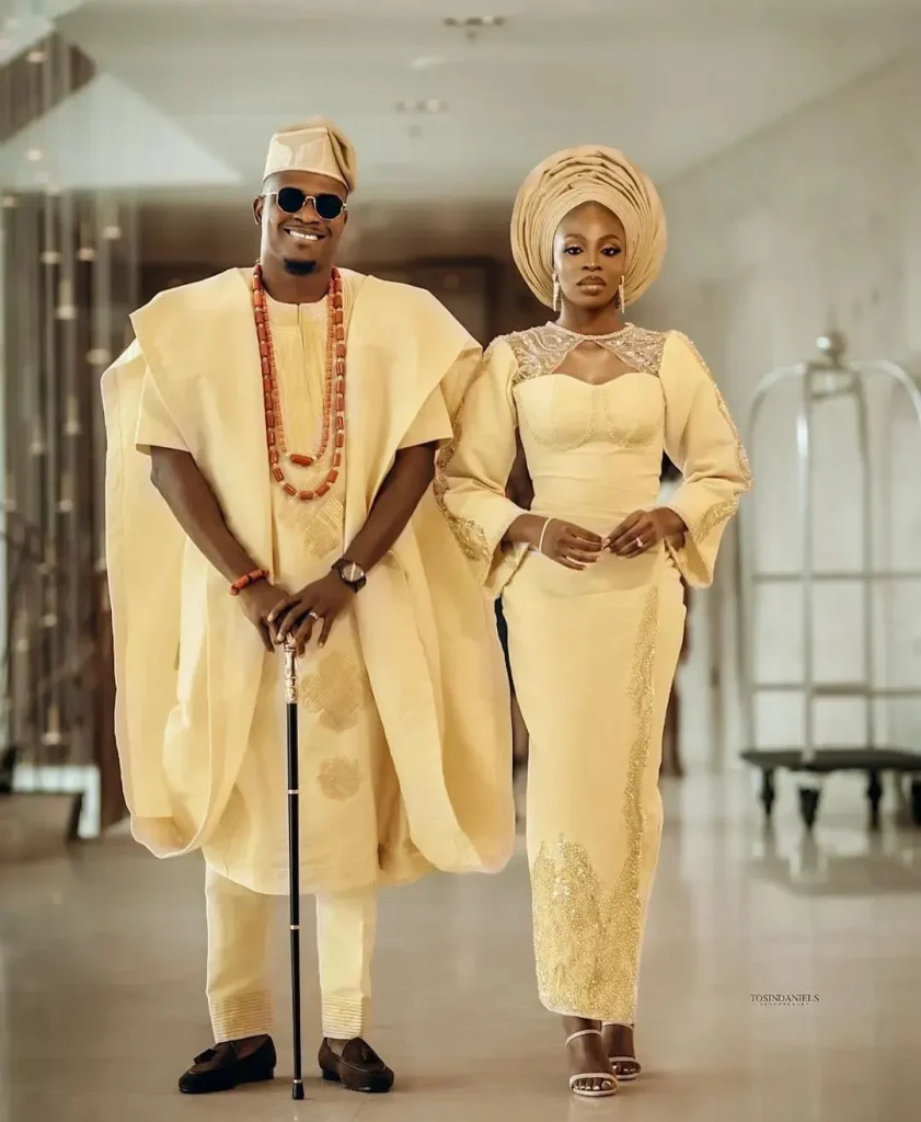 Cream coloured yoruba Traditional wedding attire for bride and groom