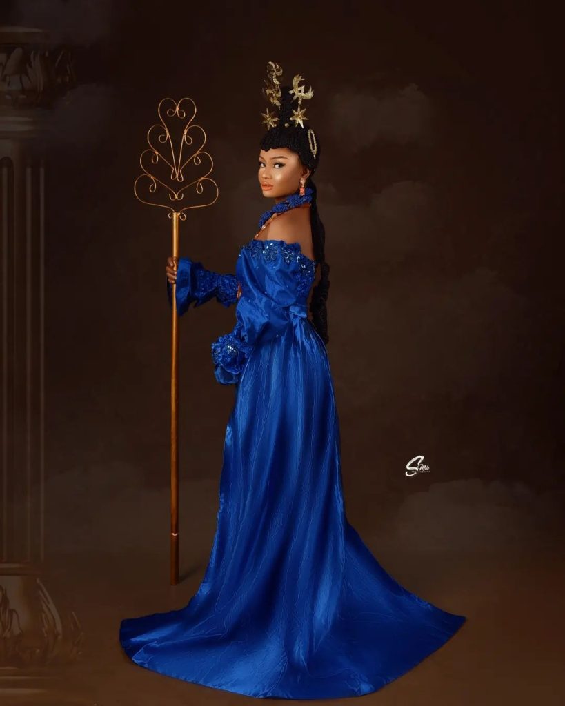 Calabar Bride In Beautiful Blue Off Shoulder Onyonyo Dress With Matching Staff and Wig