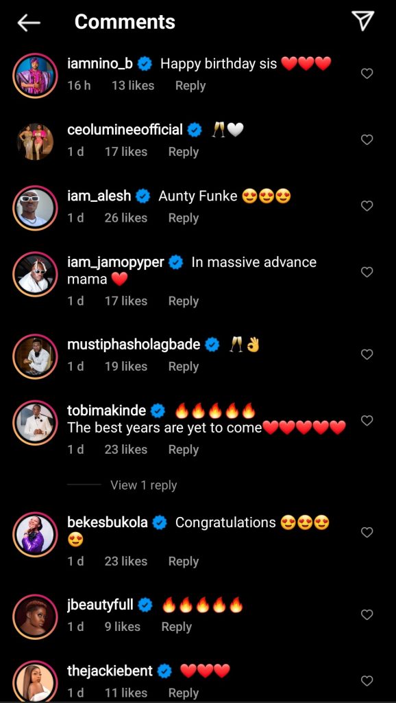 Comment section of 2022 birthday of Funke Akindele