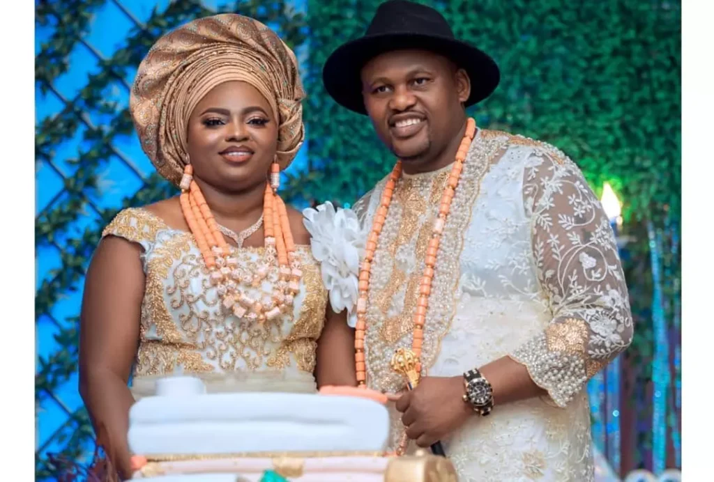 Ijaw groom and bride in traditional wedding attire