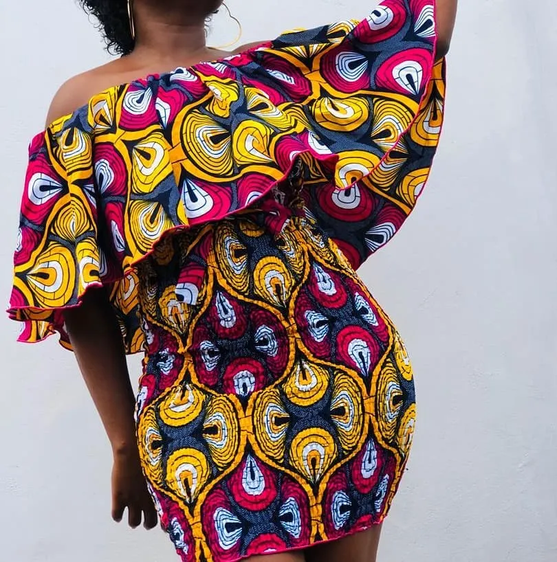
Ankara Off the shoulder Smocked Maxi Dress, African Print Dress