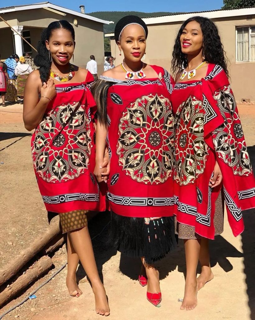 Beautiful Swati Ladies In Red Emahiya Traditional Attire