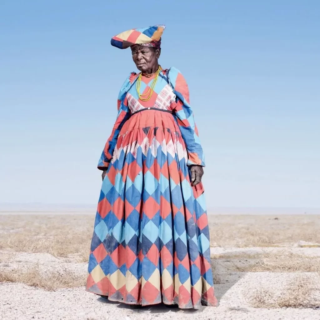 The 'Ohorokova', the traditional Herero dress, is A-lined, with colourful, vibrant patterns and several petticoats