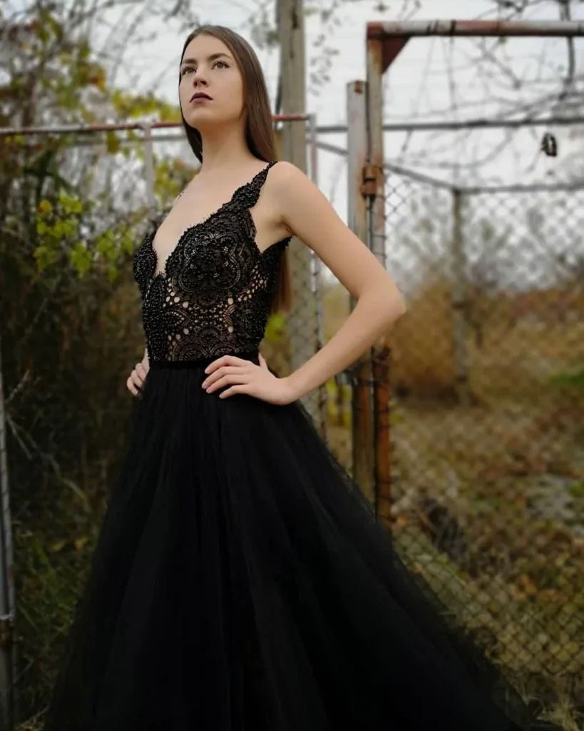 black lace plunging neckline dress