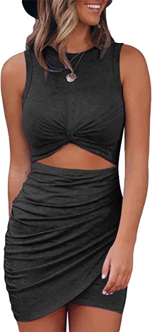 Acelitt Women's 2023 Summer Sleeveless Tank Dresses Cut Out Twist Bodycon Wrap Party Evening Mini Dress