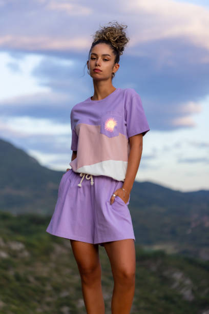 A lovely lady in casual lavender hiking shorts
