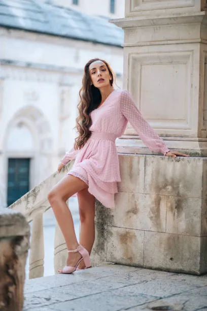 Blush mesh dress with ankle strap block heels