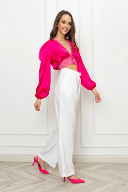 Cropped ball sleeve fuchsia top with pink slingback heels